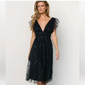 Baltic Born Black A-Line Midi Dress with Plunge Neckline